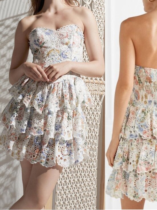 Zimmermann Dresses & Skirts - Zimmermann Bowie Ruffle Mini Dress Strapless Floral Linen Broderie Anglaise